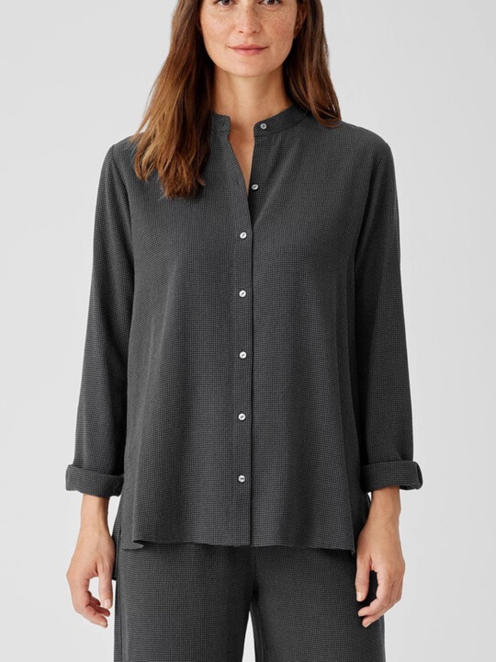 Eileen Fisher Mini Check Crepe Mandarin Collar Top Sz XS